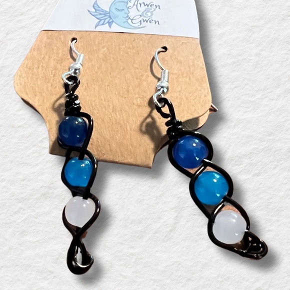 Black Wire Braided Earrings with Blue and WhIte Glass Beads - Picture 1 of 2
